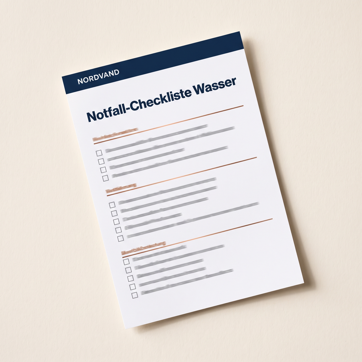 NORDVAND Notfall-Checkliste Wasser, gedrucktes PDF-Mockup