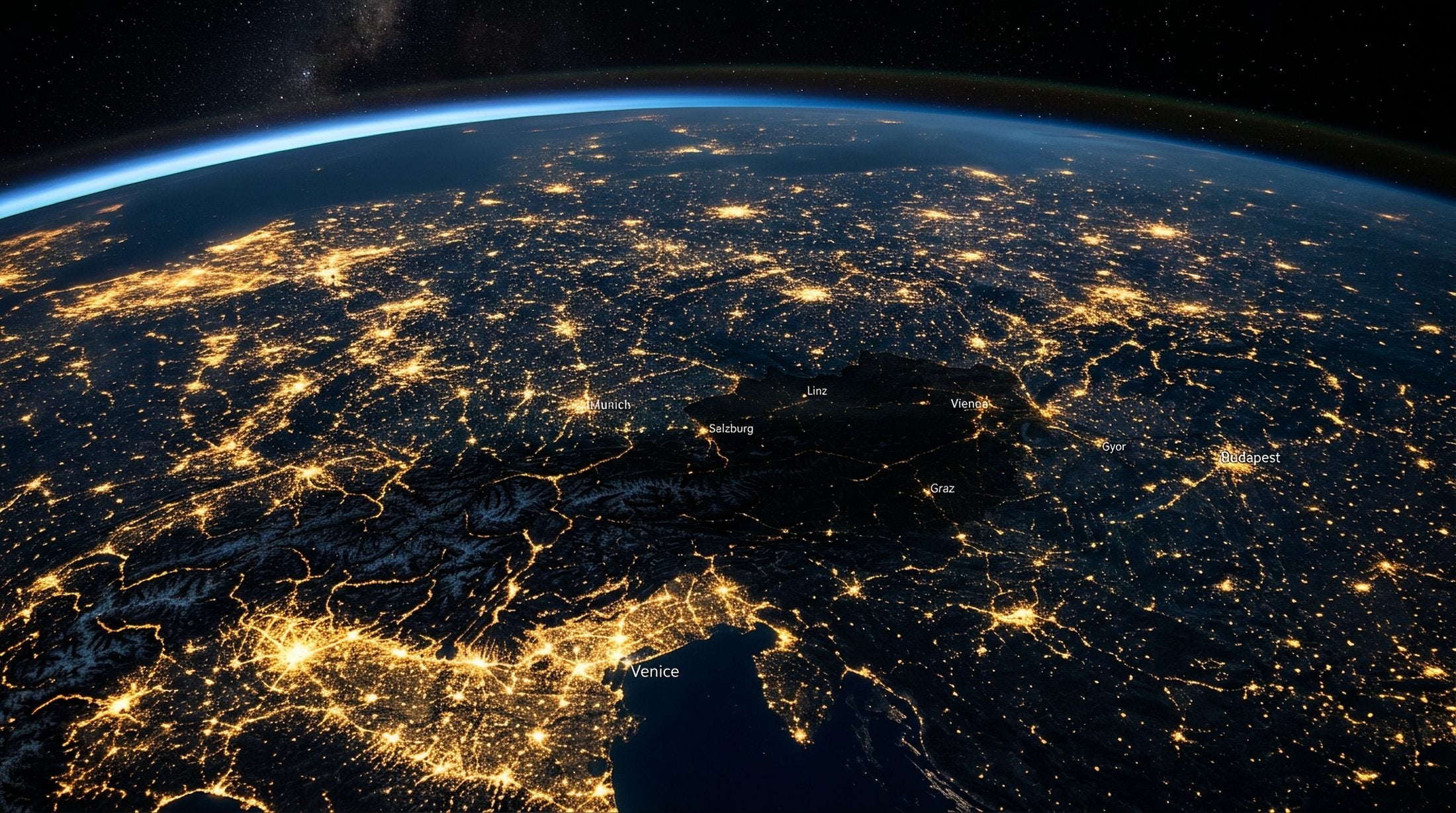 Satellitenbild bei Nacht: Österreich liegt im Dunkeln, die Nachbarländer leuchten