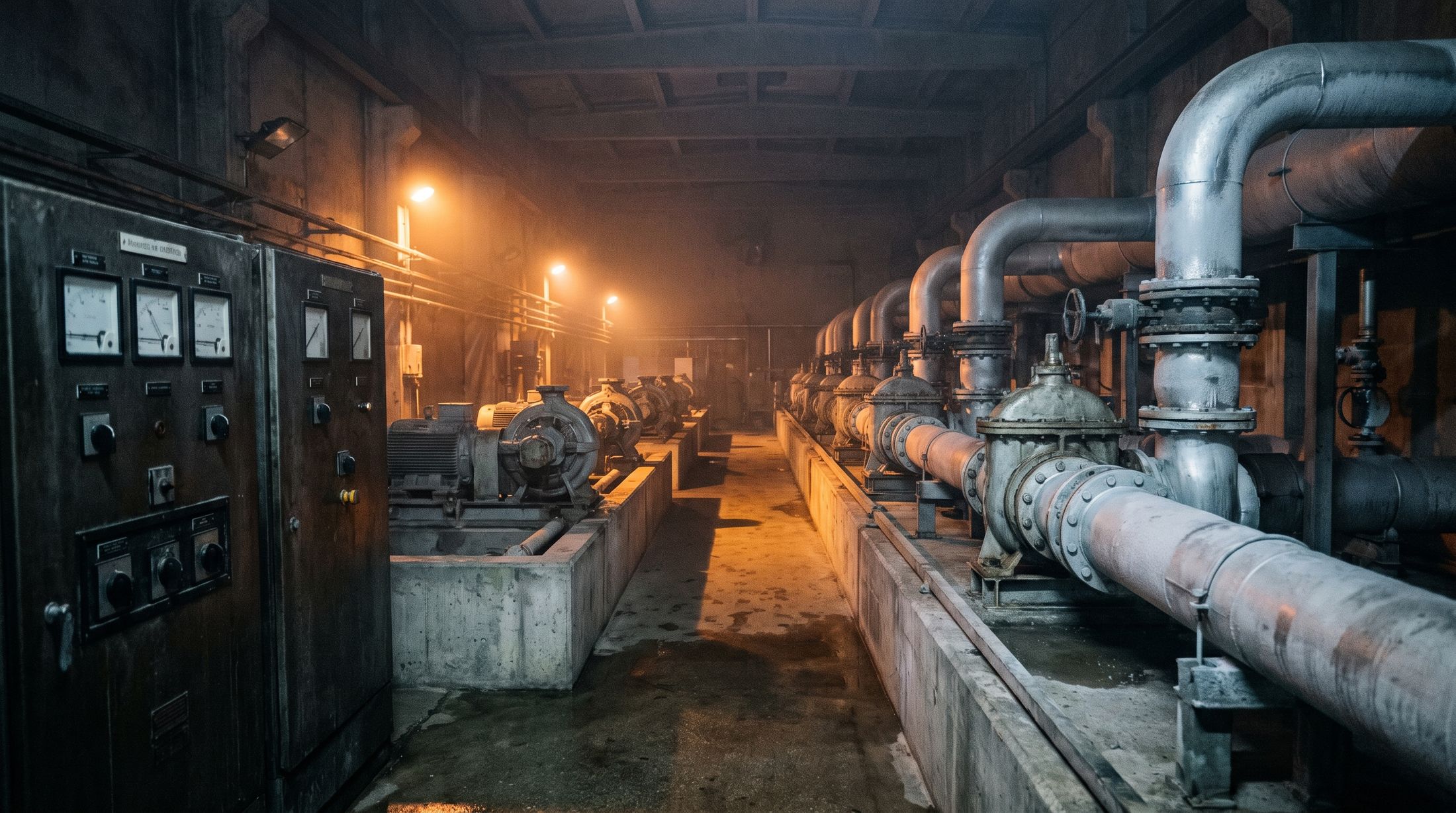 Pumpenhalle eines Wasserwerks im Notlicht